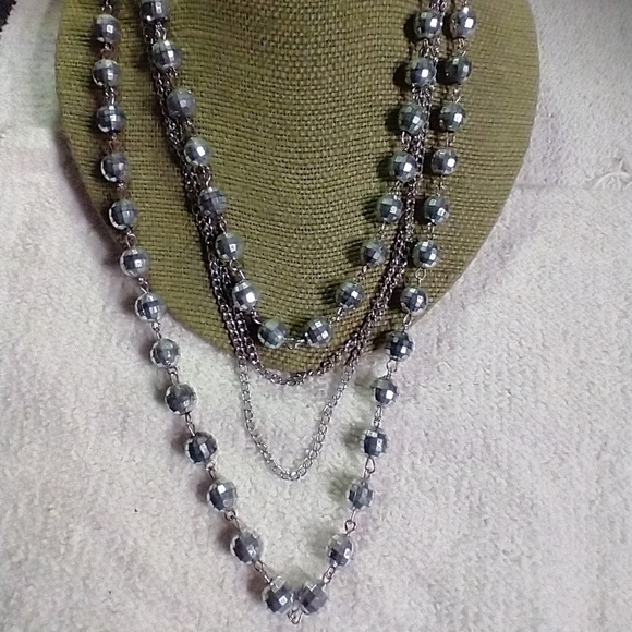 Long grey mirror ball bead chain necklace silvertone - Picture 1 of 5
